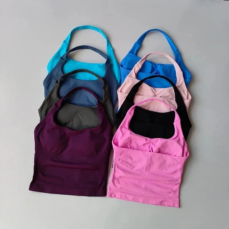 Débardeur de Yoga sans couture pour femmes, col licou, soutien-gorge intégré, rembourré, haut de sport, chemise sans manches, ajusté, dos nu, vêtements d'entraînement