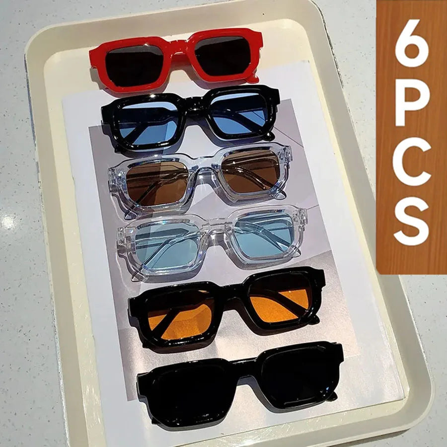 6PCS/Set Women Vintage Rectangle Frame Sunglasses Fashion Retro Sun Glasses Luxury Brand Design Glasses UV400 Eyewear Men Goggle