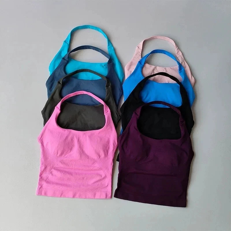 Débardeur de Yoga sans couture pour femmes, col licou, soutien-gorge intégré, rembourré, haut de sport, chemise sans manches, ajusté, dos nu, vêtements d'entraînement