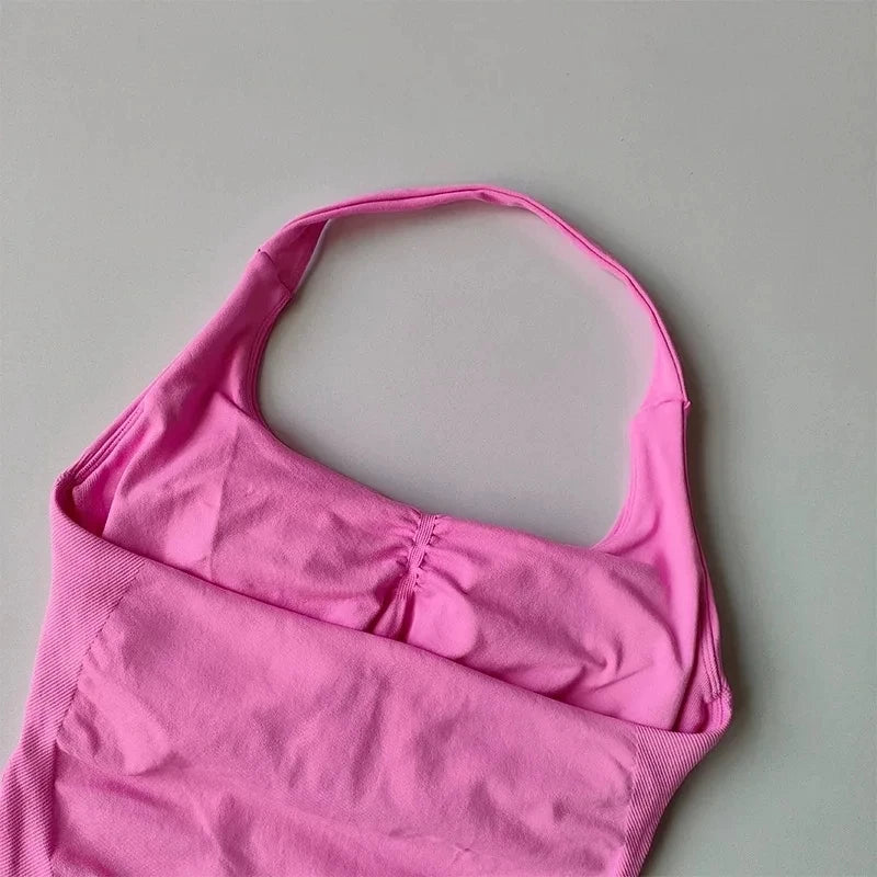 Débardeur de Yoga sans couture pour femmes, col licou, soutien-gorge intégré, rembourré, haut de sport, chemise sans manches, ajusté, dos nu, vêtements d'entraînement