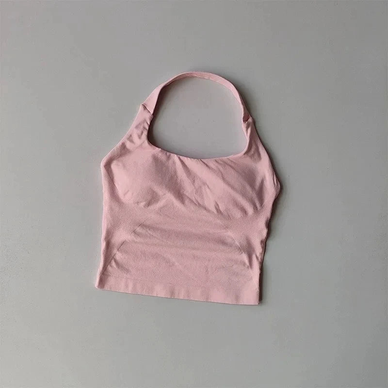 Débardeur de Yoga sans couture pour femmes, col licou, soutien-gorge intégré, rembourré, haut de sport, chemise sans manches, ajusté, dos nu, vêtements d'entraînement