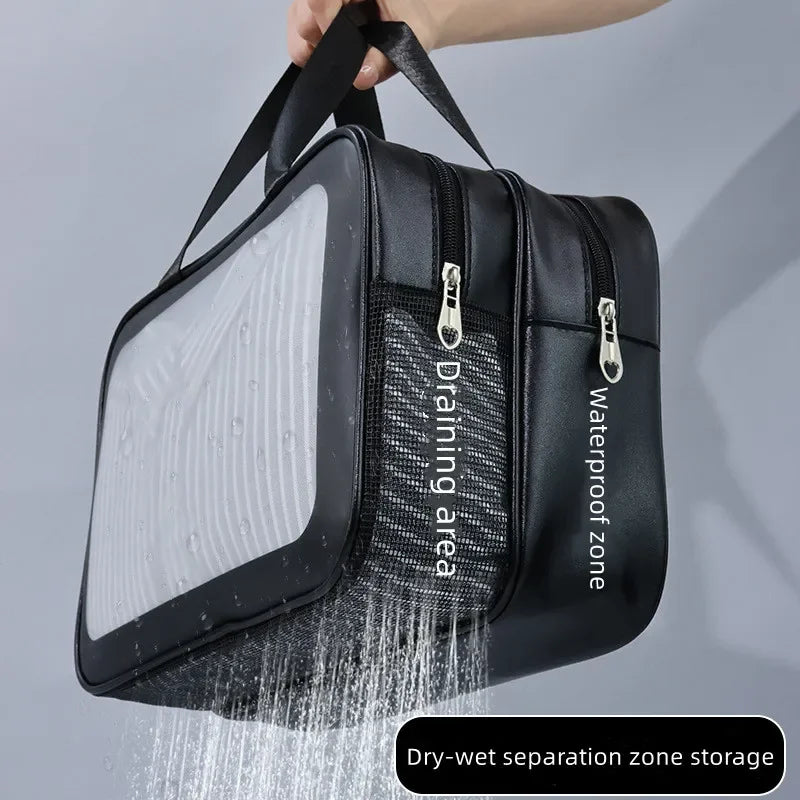 Sac de maquillage en PU double transparent, séparation sèche-humide, sac de lavage portable, sac de rangement de cosmétiques, voyage fitness, essentiels de natation