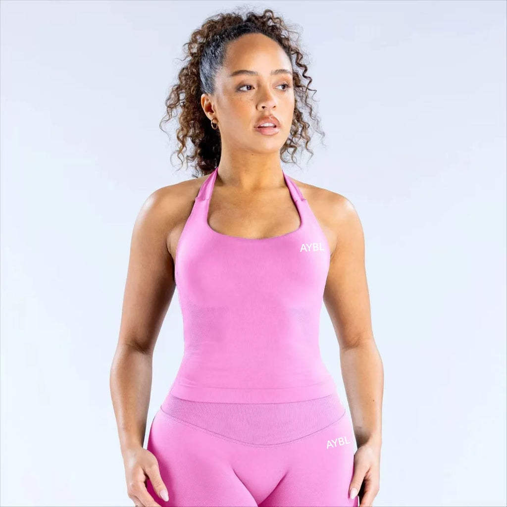 Fashion Enhance Seamless Halterneck Top Yoga Sports Bras Set Scrunch Bum Gym Shorts Women Workout Biker Stretch Fitness Leggings